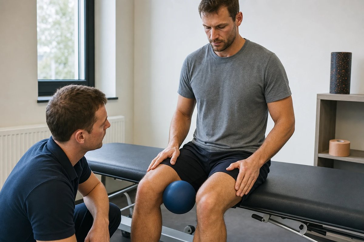Athlet sitzt auf einer Physio-Behandlungsliege und presst einen kleinen Ball zwischen den Knien zusammen, während eine Therapeutin den Test daneben beobachtet
