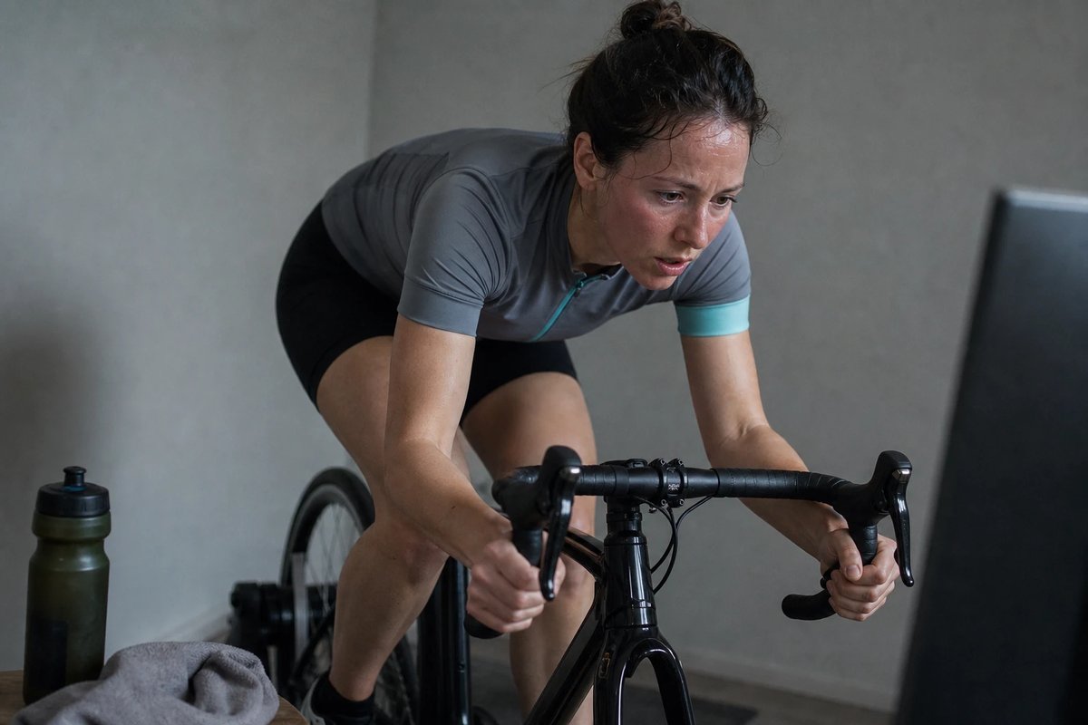 Radsportlerin auf dem Smarttrainer in tiefer Aero-Haltung mit beiden Händen im Unterlenker, schwer atmend und schweißnass, der flache Rücken und der gesenkte Kopf sind deutlich zu sehen
