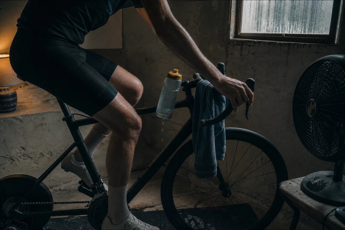 Radfahrer rollt nach einer harten Einheit locker auf dem Smarttrainer im Keller aus, Ventilator läuft, Schweißtuch über dem Lenker