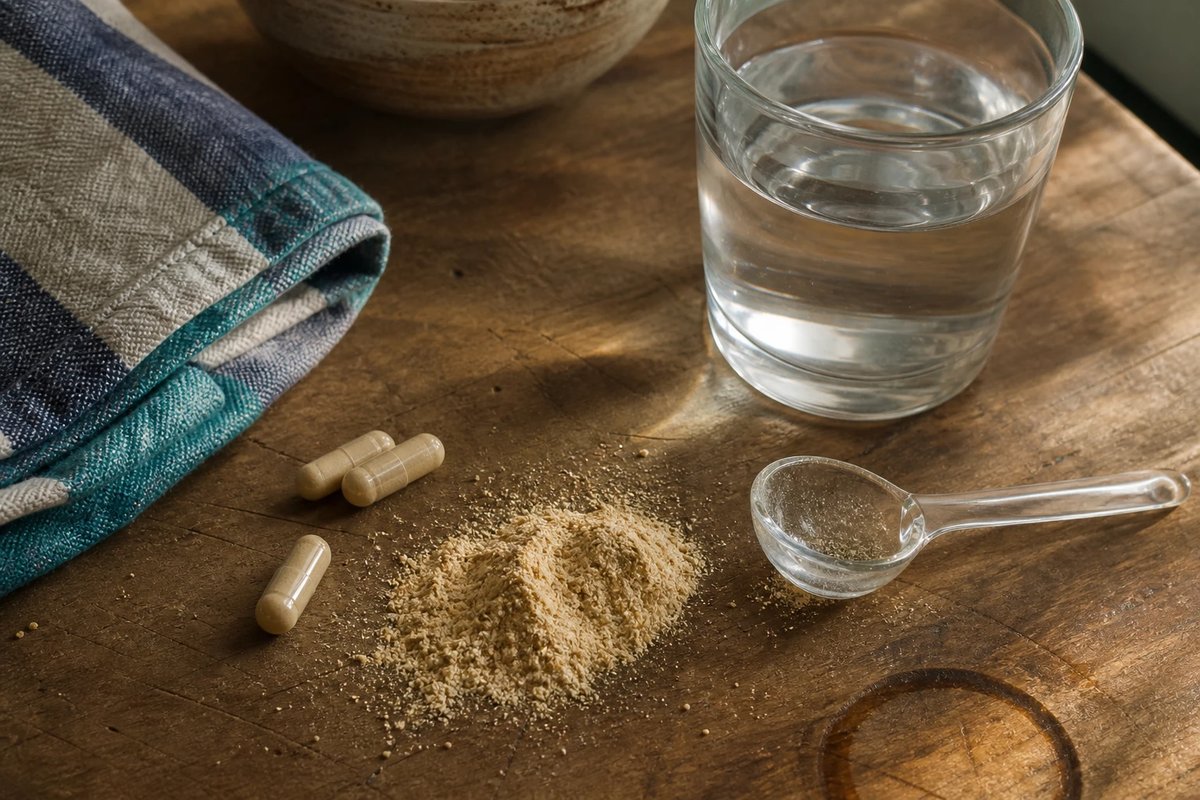 Ashwagandha-Wurzelpulver und einige Kapseln auf einer Holzarbeitsplatte neben einem Messlöffel und einem Glas Wasser