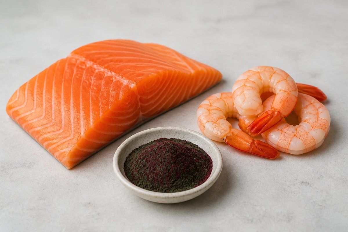 Natürliche Quellen des roten Carotinoids: rohes Lachsfilet, rosa Garnelen und eine kleine Schale Mikroalgenpulver auf einer neutralen hellen Oberfläche