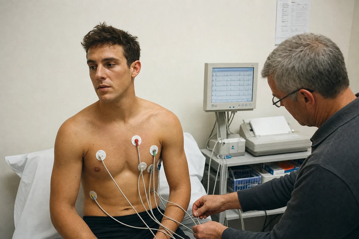 Junger Athlet bei einem Ruhe-EKG in einer sportmedizinischen Praxis, Elektroden auf der Brust, ein Arzt justiert die Kabel, im Hintergrund ein EKG-Monitor