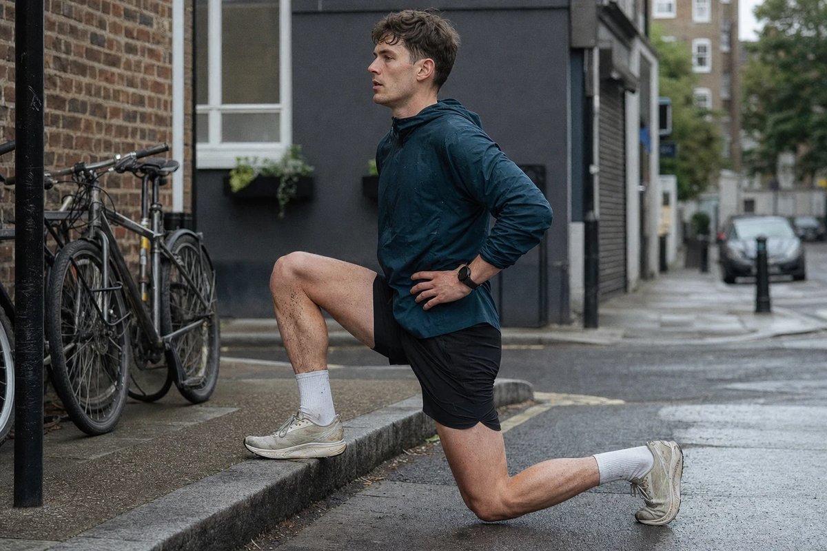 Läufer macht einen dynamischen Ausfallschritt an einer Bordsteinkante in einer städtischen Seitenstraße vor dem Lauf, GPS-Uhr am Handgelenk, abgenutzte Laufschuhe