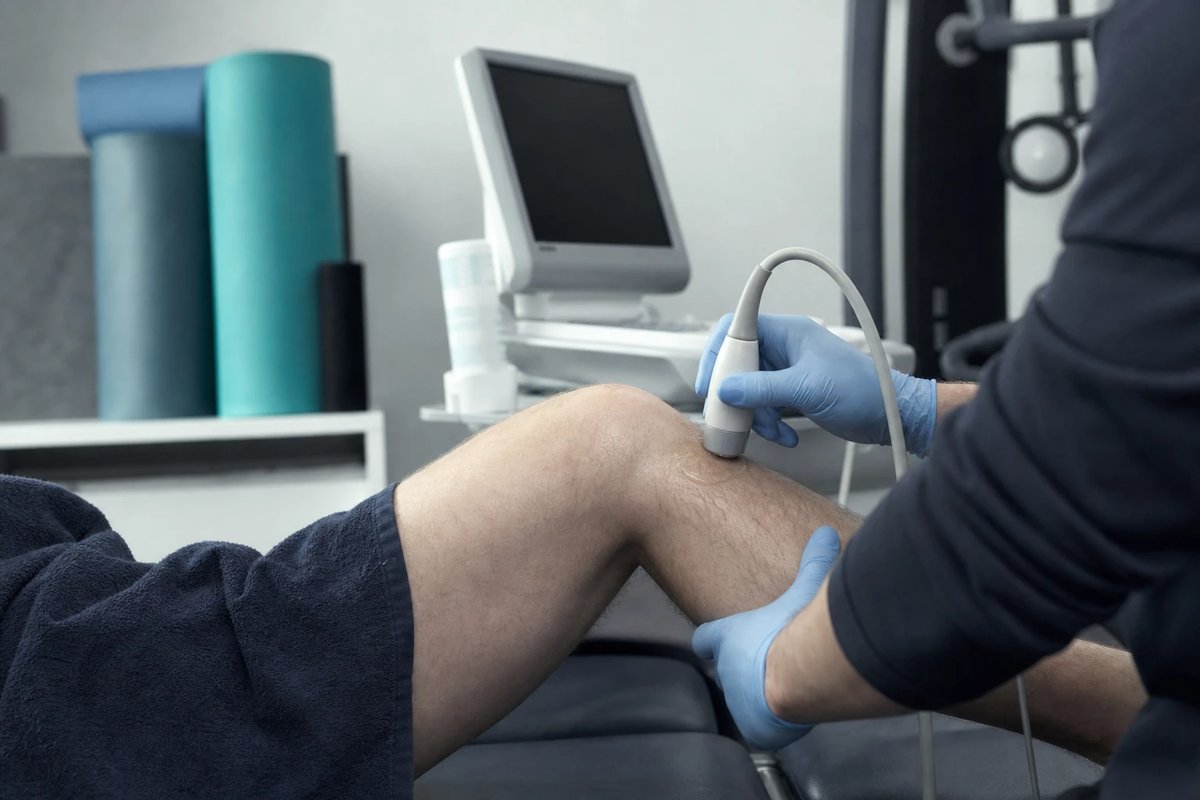 Therapeut führt mit einer Ultraschallsonde eine Untersuchung an der Kniekehle eines Patienten durch, das Gerät steht daneben