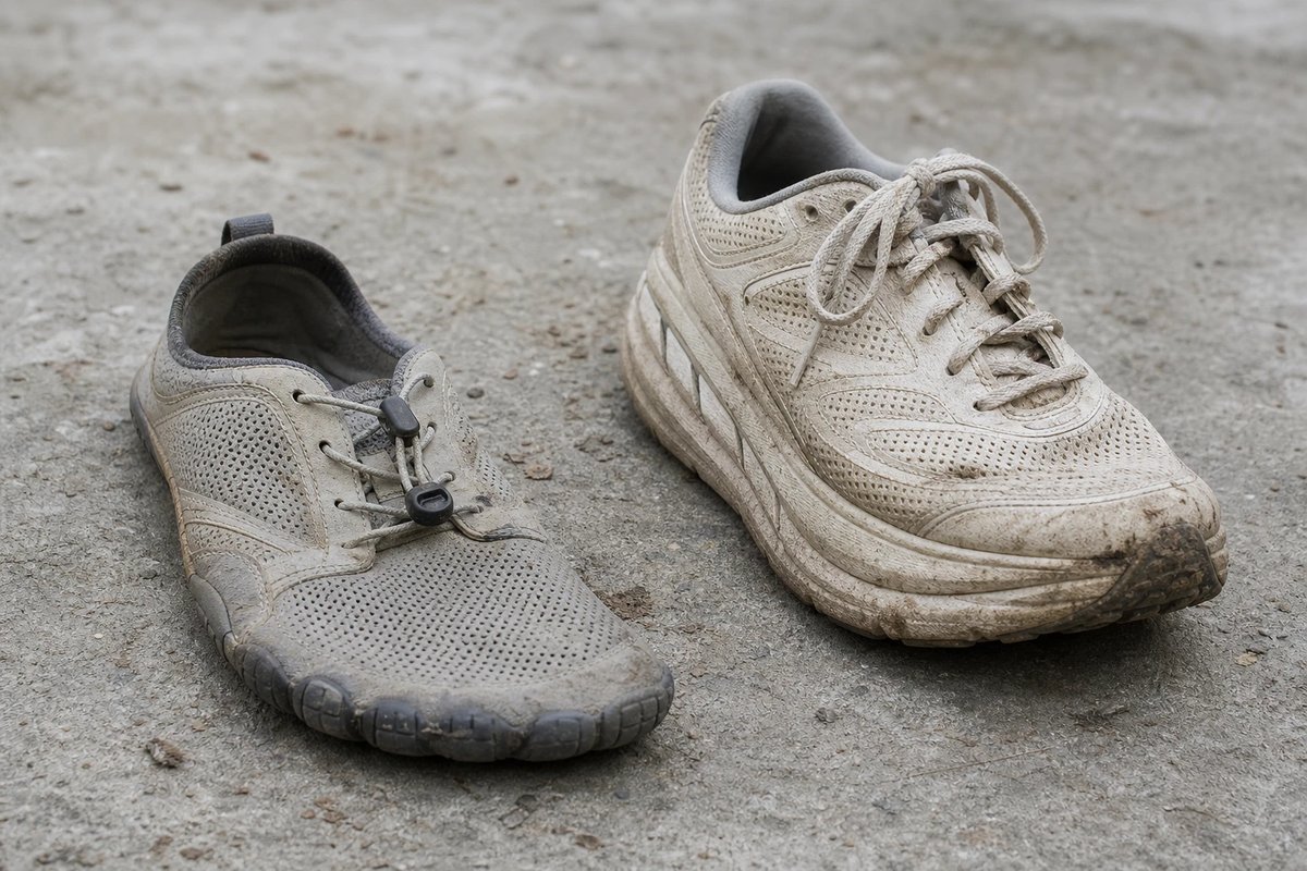 Direkter Vergleich auf Beton: links ein flacher Minimalschuh mit dünner, biegsamer Sohle und breitem Zehenraum, rechts ein dick gedämpfter klassischer Laufschuh mit hoher Sohle