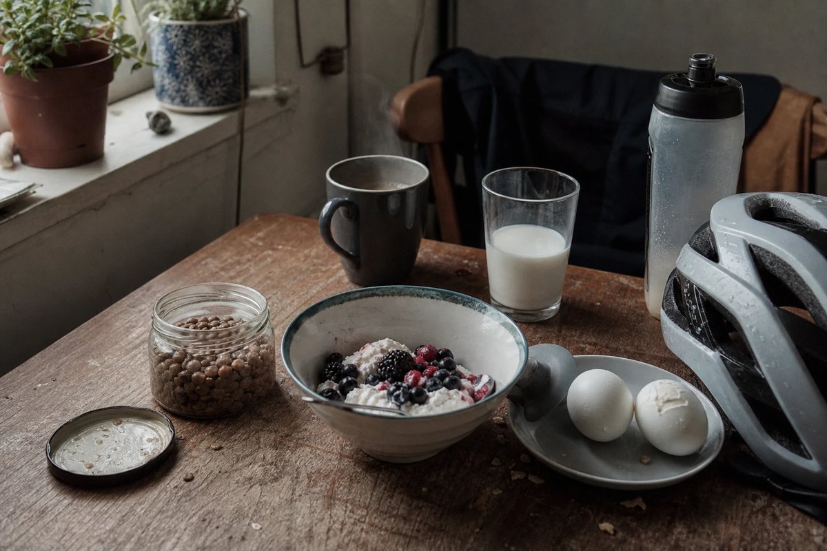 Ein alltägliches Frühstück nach dem Training auf einem Holztisch: eine Schale Quark mit Beeren, zwei gekochte Eier, ein Glas Milch und ein offenes Glas Linsen, am Tischrand ein Fahrradhelm und eine Trinkflasche