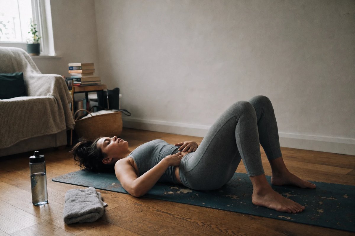Eine Frau liegt auf einer Trainingsmatte im Wohnzimmer, Knie angewinkelt, eine Hand auf dem Unterbauch, und macht ruhig und konzentriert eine Atem- und Beckenbodenübung