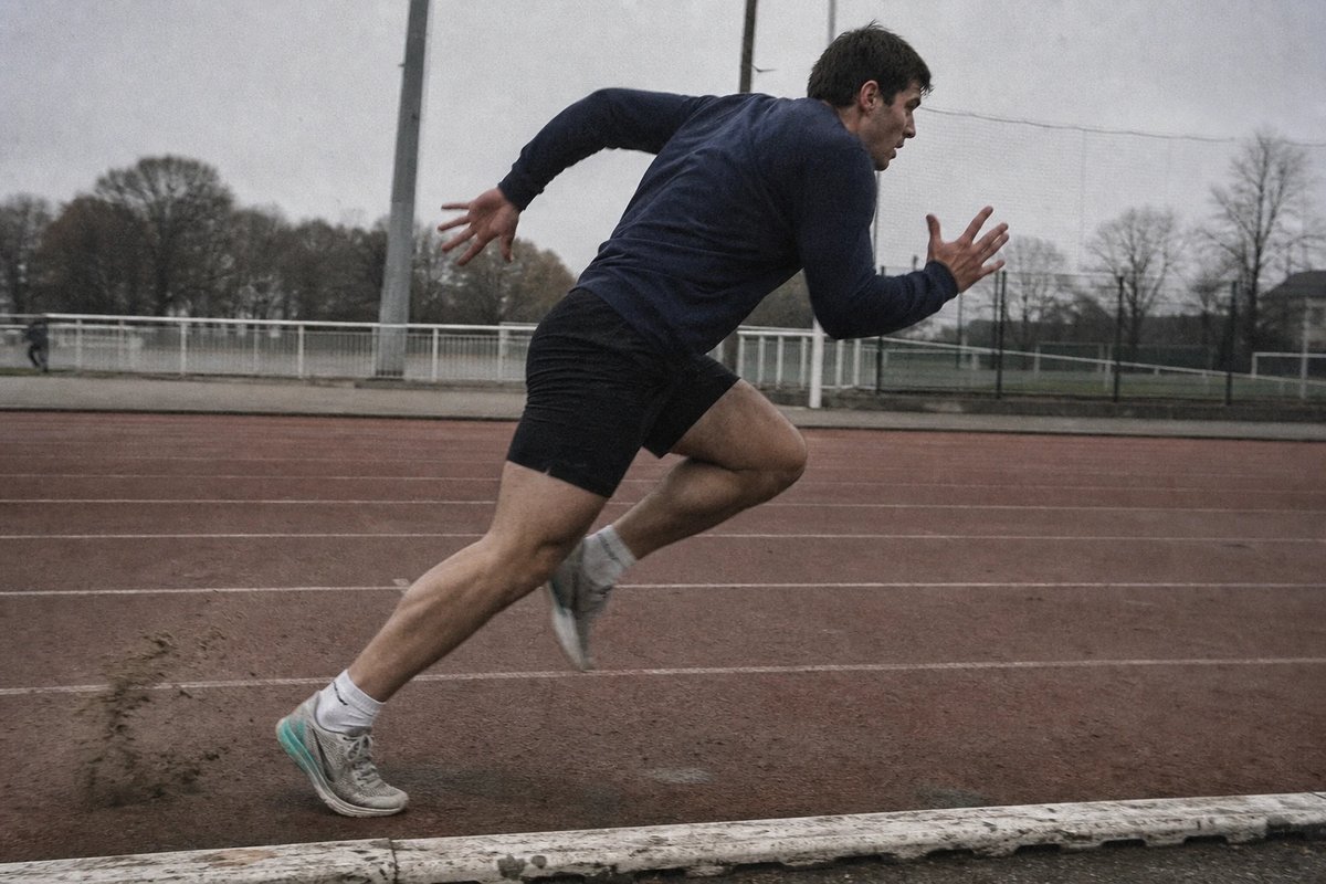 Läufer mitten in einem kurzen, harten Steigerungslauf auf einer leeren Tartanbahn vor der Haupteinheit, Körper in den Sprint geneigt, ein Fuß stößt sich von der abgenutzten Bahn ab