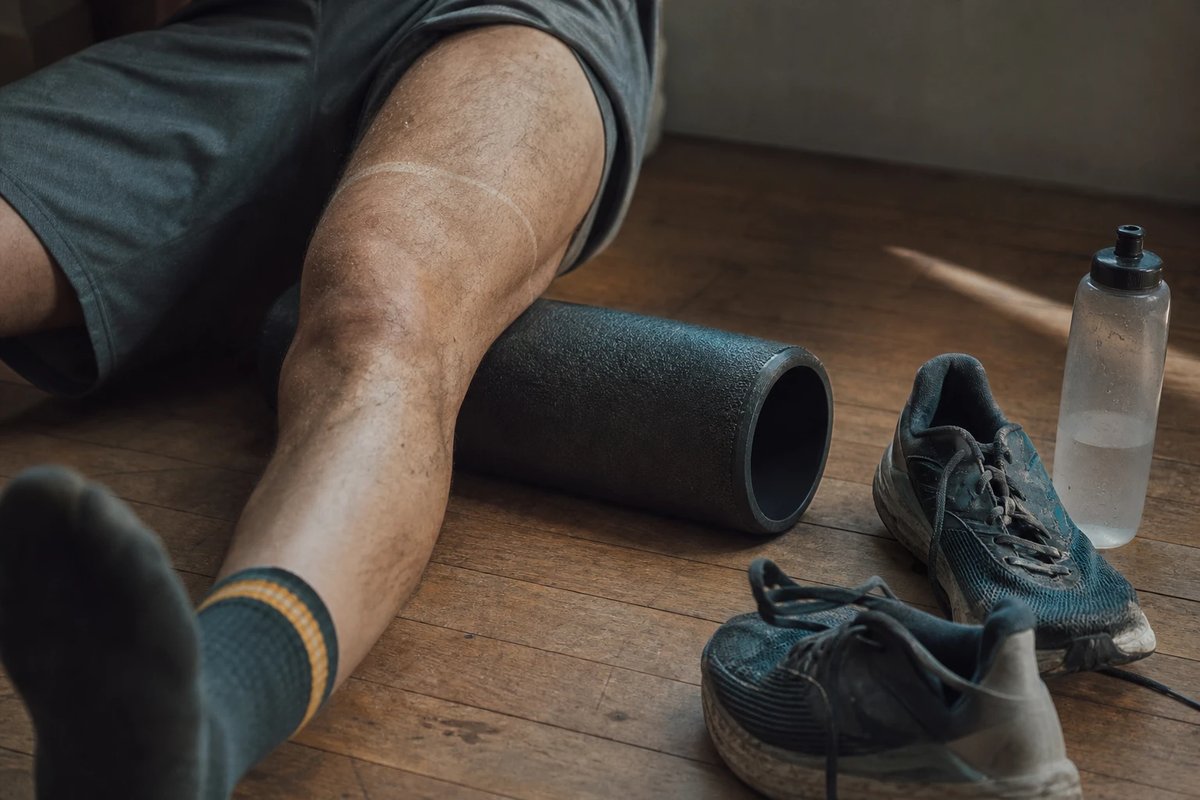 Läufer sitzt nach einer harten Einheit zu Hause auf dem Boden und rollt mit einer Faszienrolle den schmerzenden Oberschenkel aus, daneben abgenutzte Laufschuhe und eine Wasserflasche