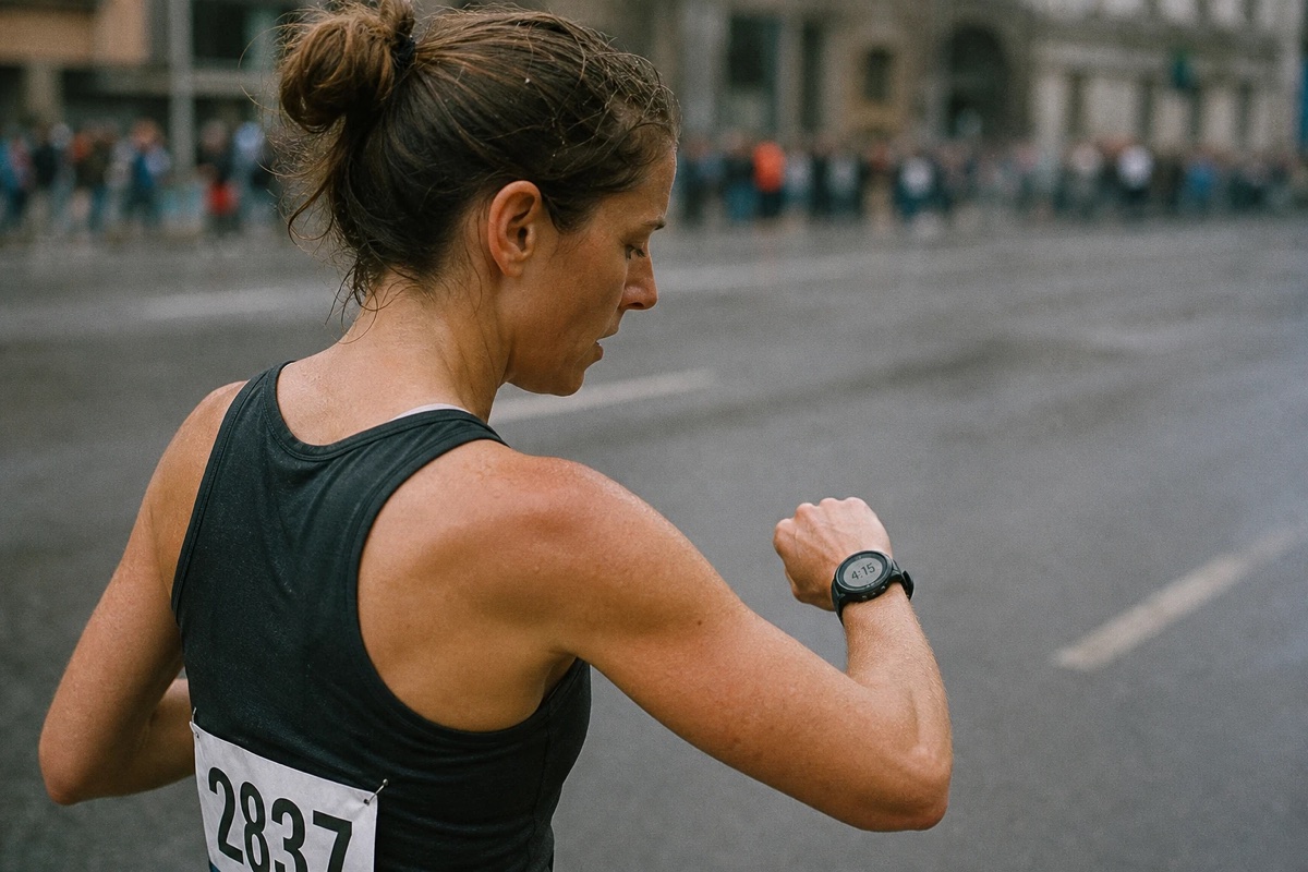 Marathonläuferin von schräg hinten blickt während des Rennens auf ihre GPS-Uhr am Handgelenk, die Anzeige ist zu ihr geneigt und aus ihrer Sicht lesbar