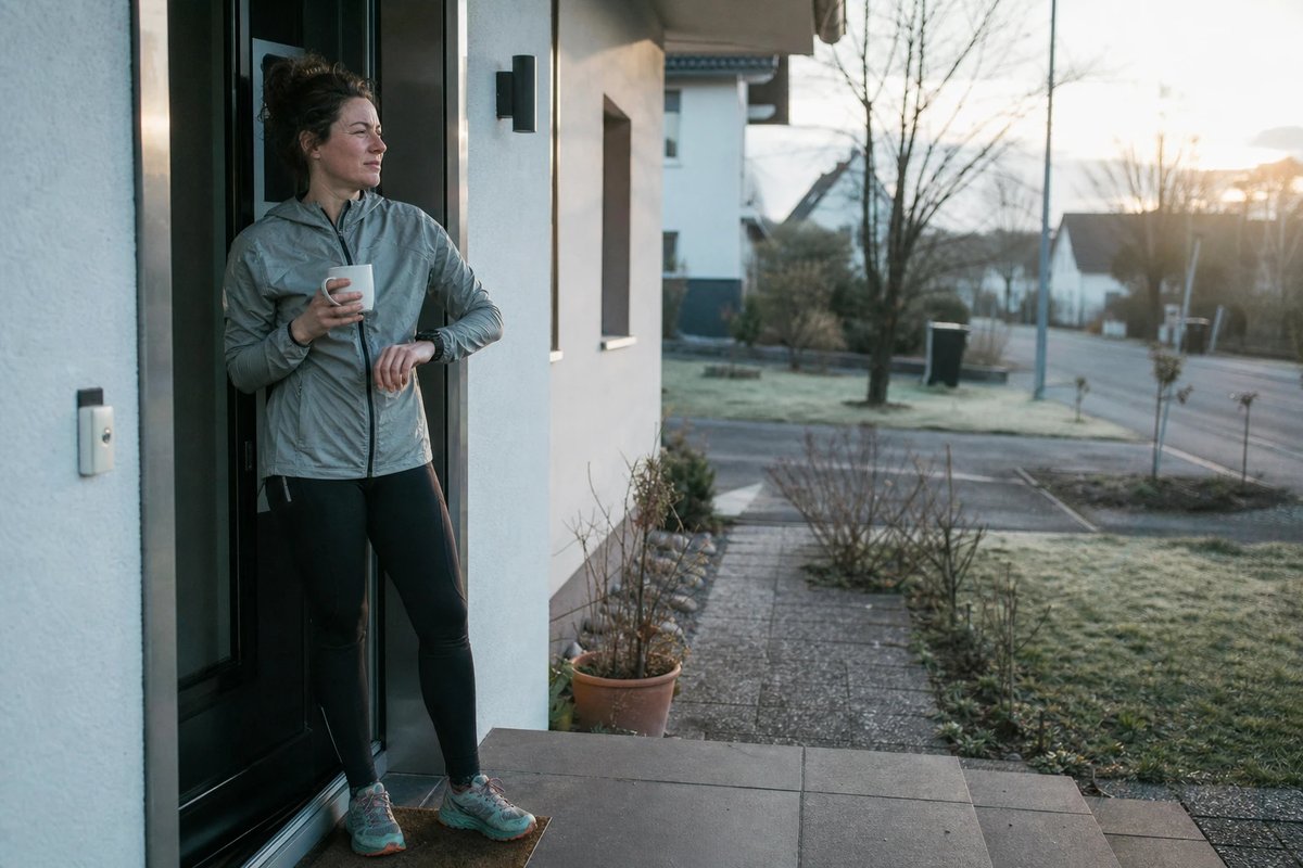 Eine Läuferin tritt am frühen, frostigen Morgen in Laufkleidung mit einer Tasse Kaffee vor die Haustür und holt sich ihr erstes Tageslicht