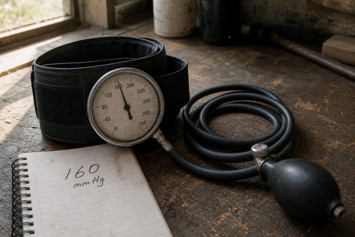 Pneumatische BFR-Manschette mit runder Druckanzeige, aufgerolltem Schlauch und Handpumpe auf einer abgenutzten Werkbank, daneben ein Notizblock mit der Angabe 160 mmHg