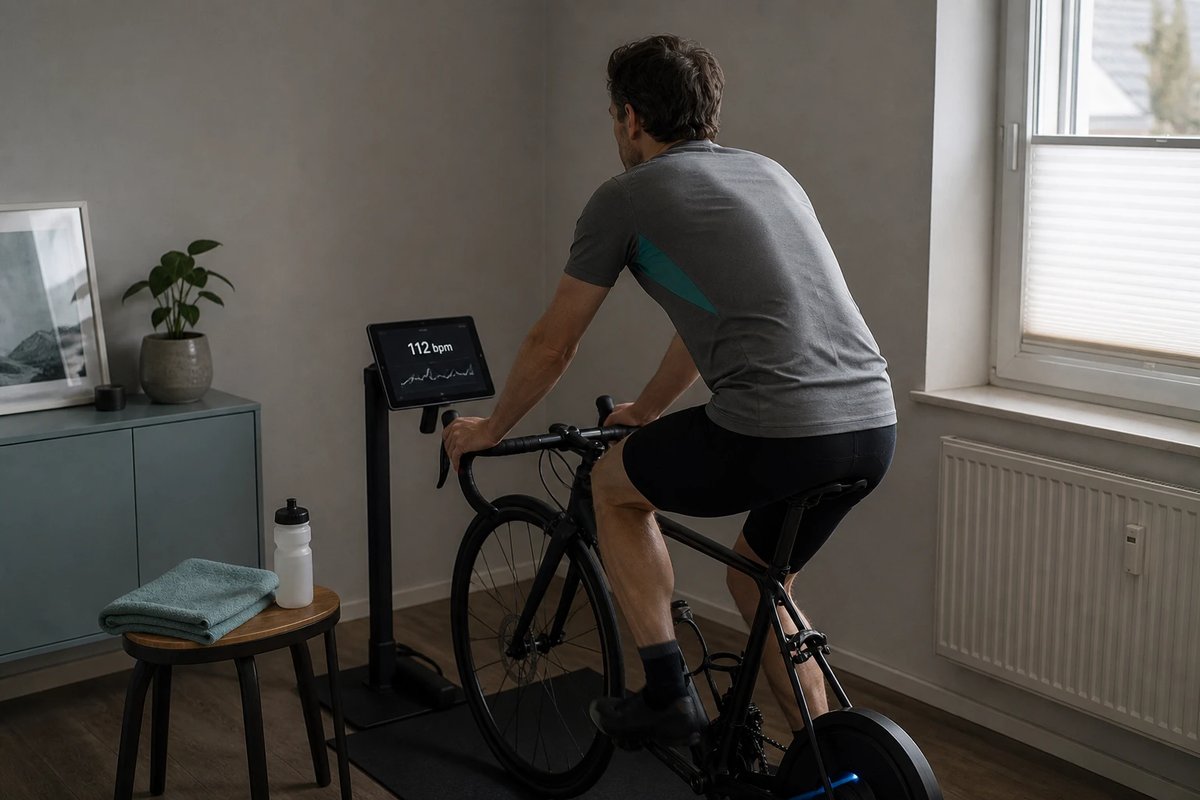 Radfahrer auf dem Smarttrainer in einem ruhigen Wohnraum, von hinten über die Schulter aufgenommen, der Bildschirm vor ihm zeigt 112 bpm