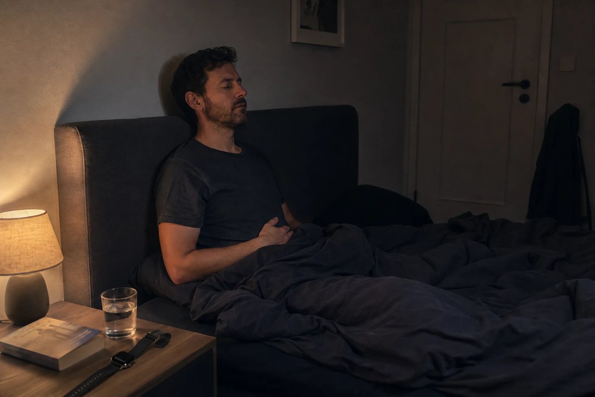 Person sitzt abends im gedämpften Licht einer kleinen Nachttischlampe ruhig im Bett angelehnt ans Kopfteil, Augen geschlossen, eine Hand auf dem Bauch, und macht vor dem Einschlafen eine langsame Atemübung