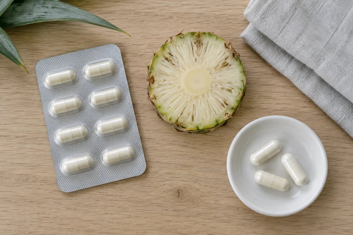 Aufsicht auf einen hellen Holztisch mit einem unbedruckten Blisterstreifen voller cremefarbener Kapseln, einer Querscheibe vom Ananasstamm mit sichtbarem Faserkern und drei losen Kapseln in einer weißen Keramikschale