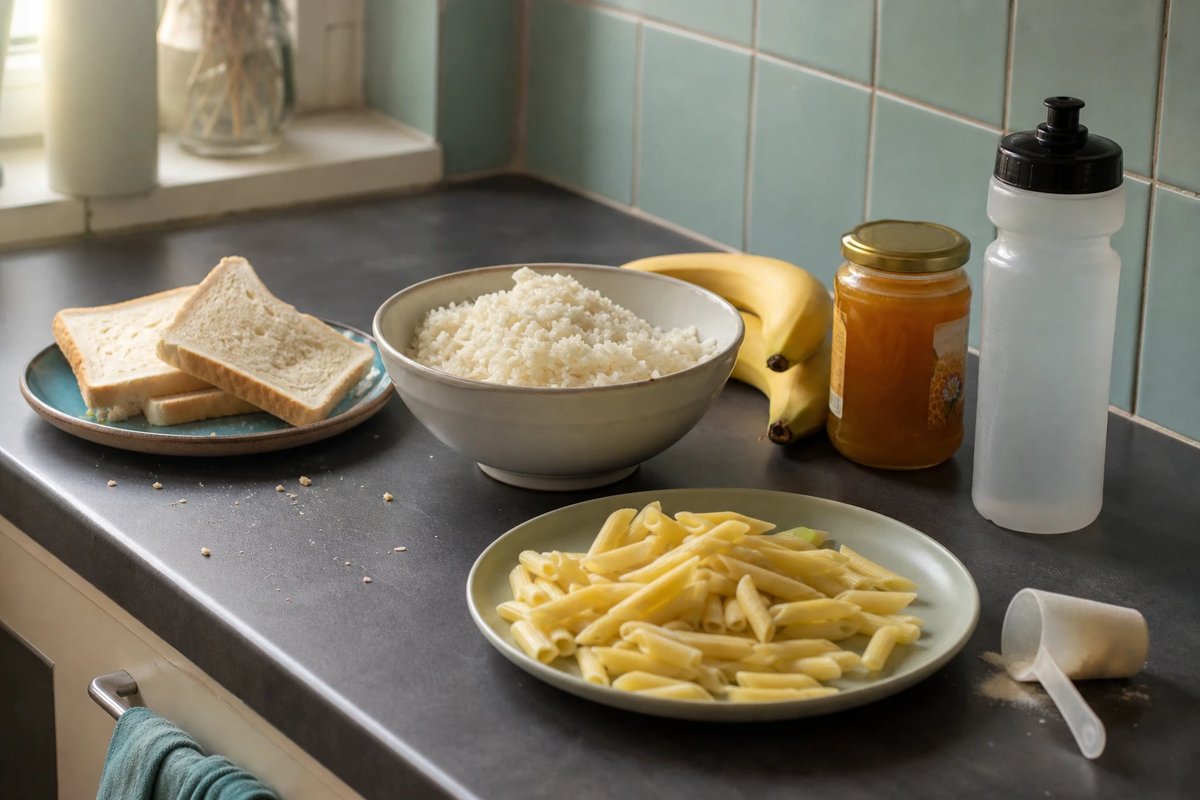 Küchentheke am Abend vor dem Rennen mit Carboloading-Lebensmitteln: eine Schüssel gekochter weißer Reis, ein Teller Nudeln, Weißbrot, Bananen, ein Glas Honig und eine Sportflasche