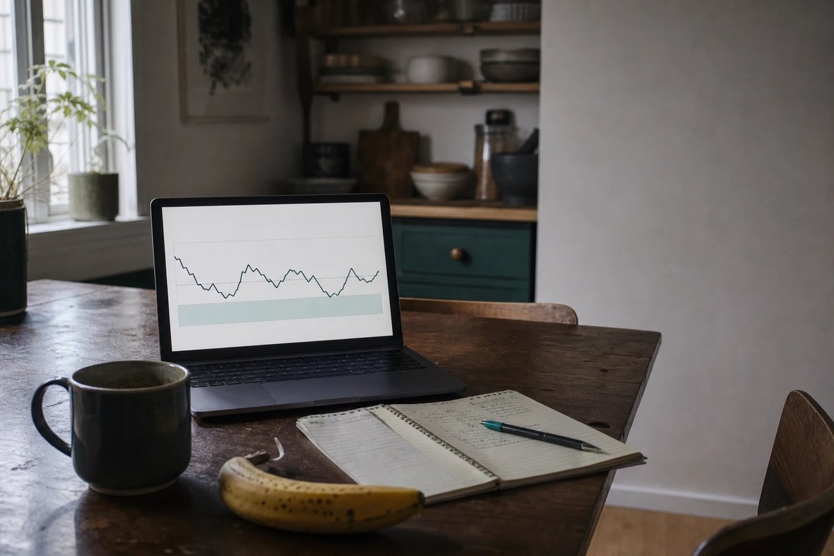 Laptop auf einem Küchentisch zeigt eine schlichte Glukose-Liniengrafik, daneben ein Notizbuch mit Stift, eine Kaffeetasse und eine Banane im Morgenlicht