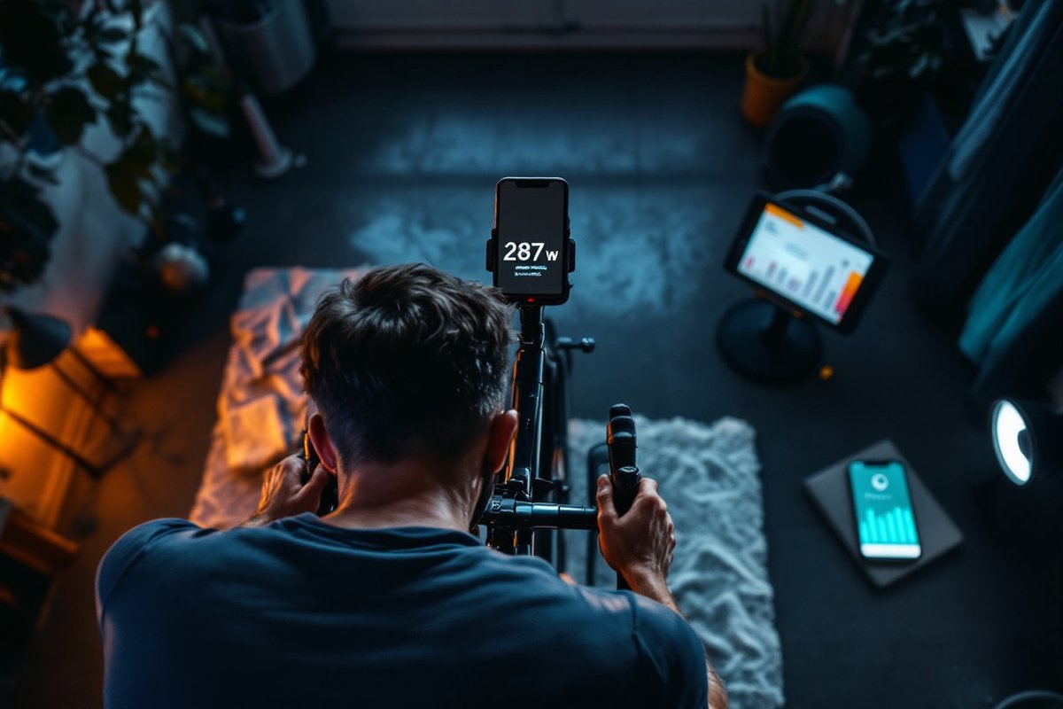 Ein Radfahrer auf dem Smarttrainer absolviert ein hartes 20-Minuten-Zeitfahren, der Radcomputer am Vorbau zeigt die aktuelle Wattzahl, Schweiß tropft auf das Oberrohr