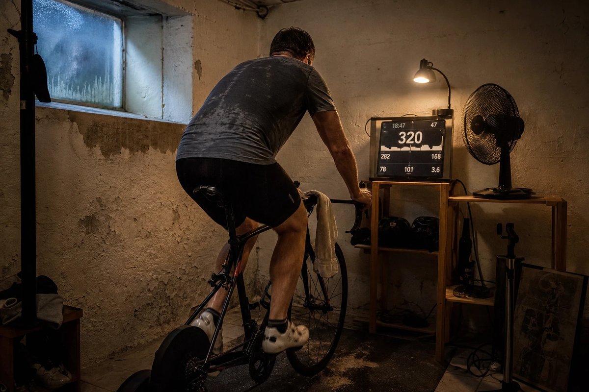 Läufer von hinten über die Schulter aufgenommen auf dem Rennrad an einem Indoor-Smarttrainer im Kellerraum, schweißnasses Laufshirt und Radschuhe im Klickpedal, die Laufschuhe stehen daneben am Boden, der Workout-Bildschirm ist ihm zugewandt