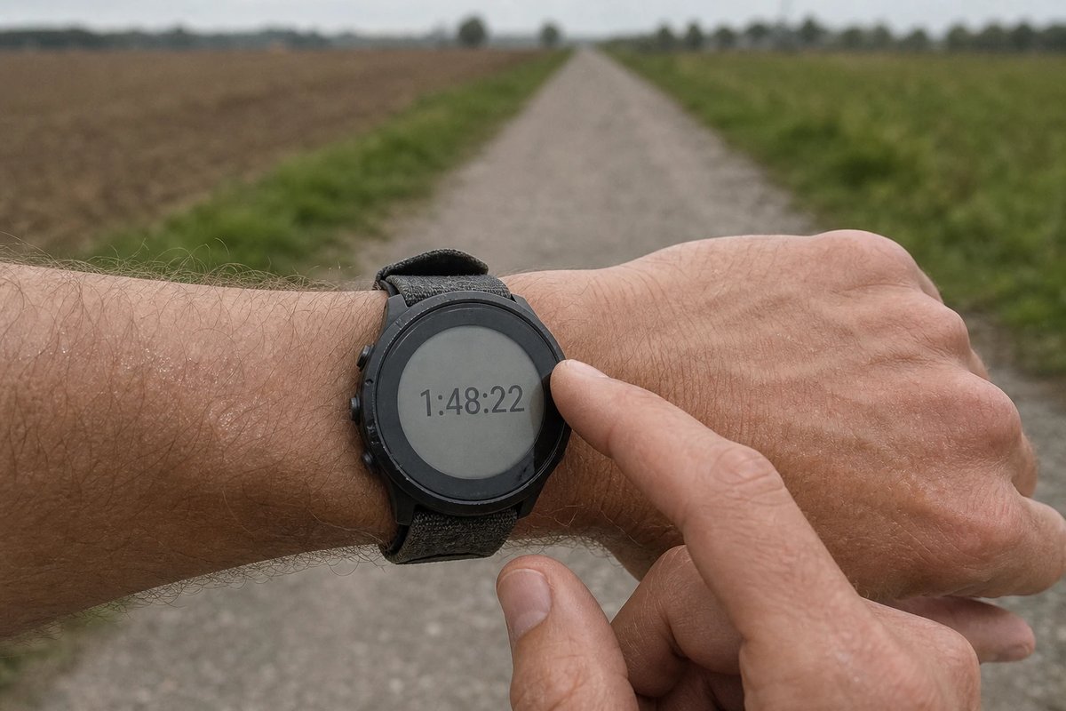 Nahaufnahme eines Handgelenks mit Sportuhr, die mitten im langen Lauf die verstrichene Laufzeit 1:48:22 zeigt