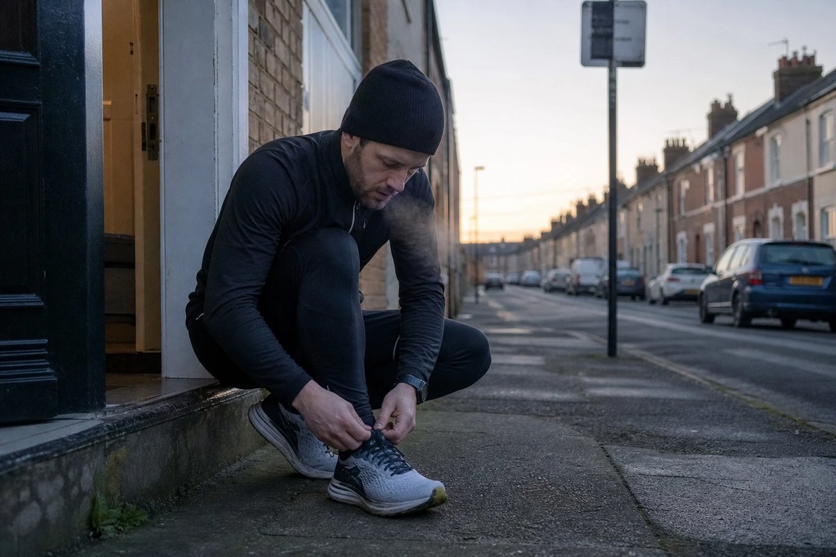 Ein Läufer schnürt im Morgengrauen auf einer Türschwelle den Laufschuh und macht sich nach einer Pause bereit für die erste Einheit, ruhiger Blick, kühle Luft