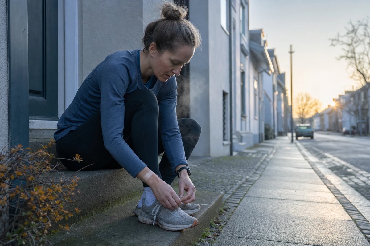 Läuferin schnürt im Morgengrauen auf einer Türschwelle ihre Schuhe für den ersten lockeren Lauf nach einem abgebrochenen Rennen, ruhig und konzentriert in der kalten Morgenluft