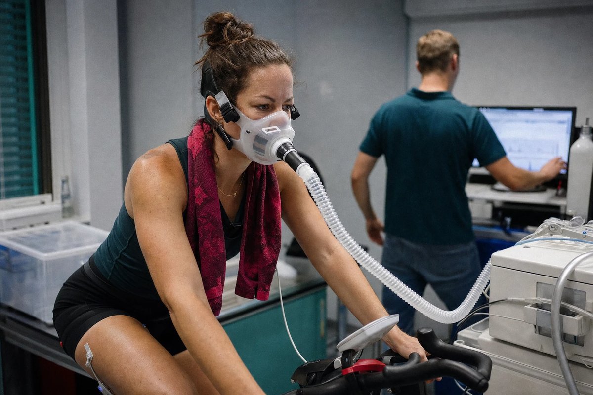 Sportlerin auf einem Fahrrad-Ergometer im sportwissenschaftlichen Labor während eines Steady-State-Tests, Atemmaske mit Schlauch zur Atemgasanalyse, im Hintergrund ein Techniker am Monitor