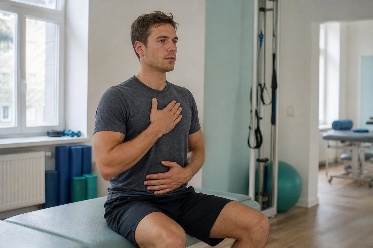 Junger Athlet sitzt aufrecht in einem hellen Physiotherapieraum, eine Hand auf der Brust, eine auf dem Bauch, übt ruhig eine kontrollierte Atemtechnik
