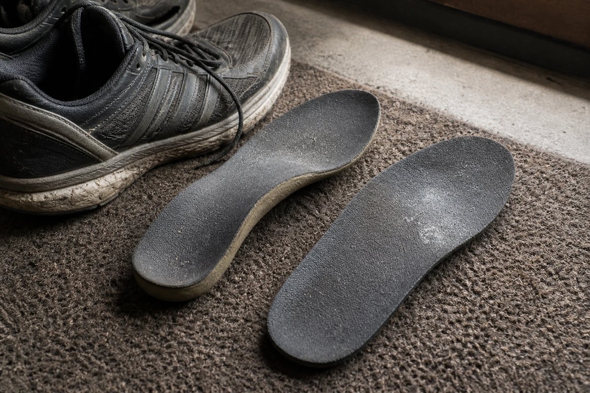 Zwei Laufeinlagen nebeneinander auf einer Fußmatte neben abgetragenen Laufschuhen, eine stärker geformte und eine flachere Schaumeinlage