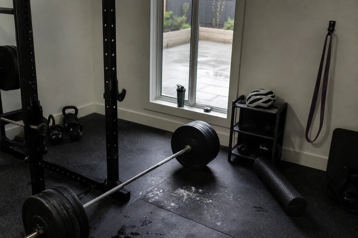 Ruhige Heim-Gym-Ecke nach einer Krafteinheit mit abgelegter Langhantel, Kreidestaub, Faszienrolle und einem Rennrad-Helm auf einem Regal im Hintergrund
