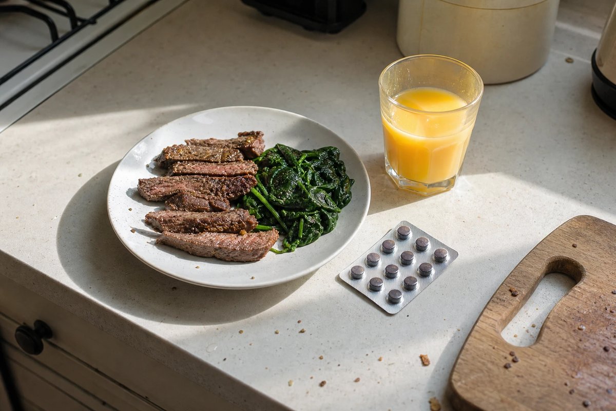 Küchentheke mit einem eisenreichen Frühstück: ein Teller mit angebratenen Steakstreifen und Spinat, daneben ein Glas Orangensaft und ein Blister mit Eisentabletten