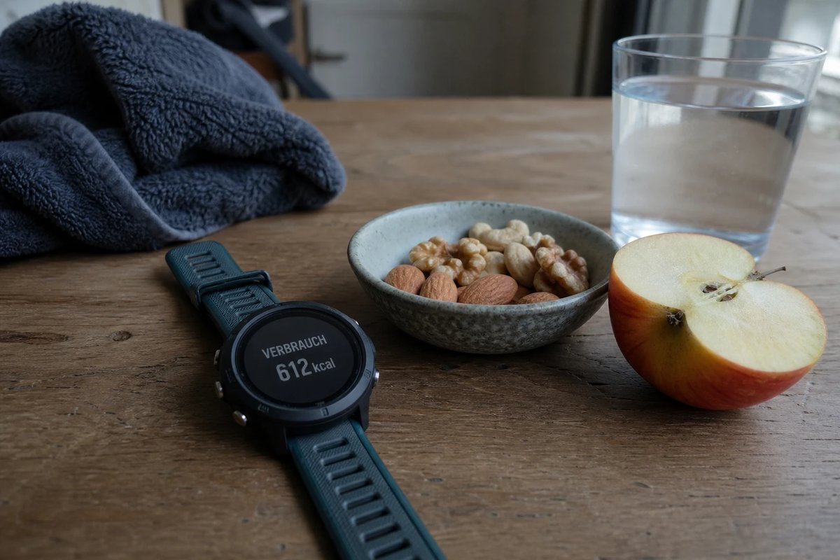 GPS-Sportuhr auf einem Holztisch, Display zeigt den Verbrauch von 612 Kalorien, daneben eine kleine Schale mit gemischten Nüssen, ein halber Apfel und ein Glas Wasser