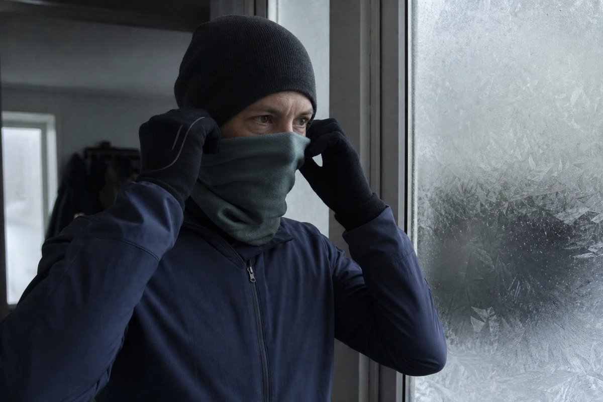 Ein Läufer macht sich vor einem winterlichen Lauf fertig und zieht einen Buff über Nase und Wangen, dazu Mütze über den Ohren und Handschuhe, am Fenster Eisblumen