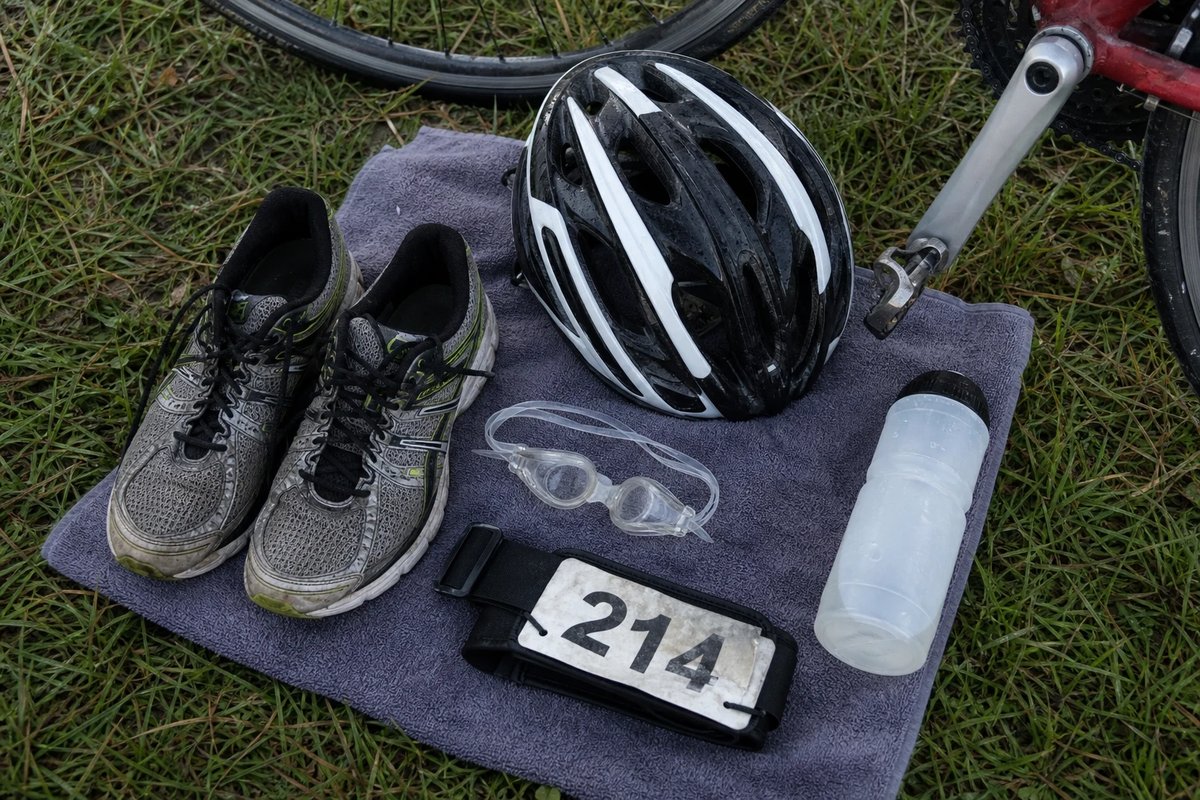 Aufgereihtes Equipment für die Wechselzone auf einem Handtuch im Gras: Laufschuhe, Fahrradhelm, Schwimmbrille, ein Startnummernband mit der Nummer 214 und eine Trinkflasche, neben dem Rad abgelegt