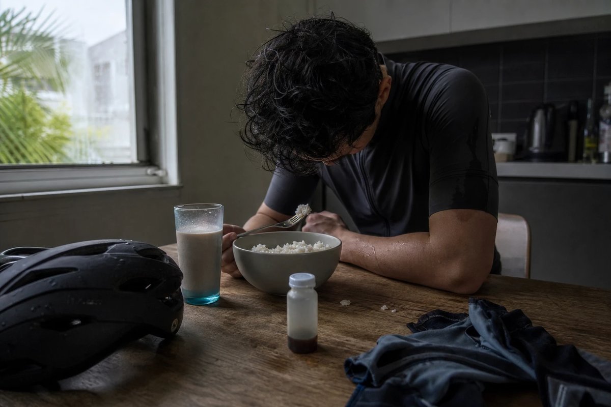 Erschöpfter Ausdauerradfahrer tankt direkt nach einer langen Ausfahrt an einem Küchentisch mit einer Schale Reis, einem Glas Recovery-Shake und einem kleinen Dosierfläschchen daneben auf