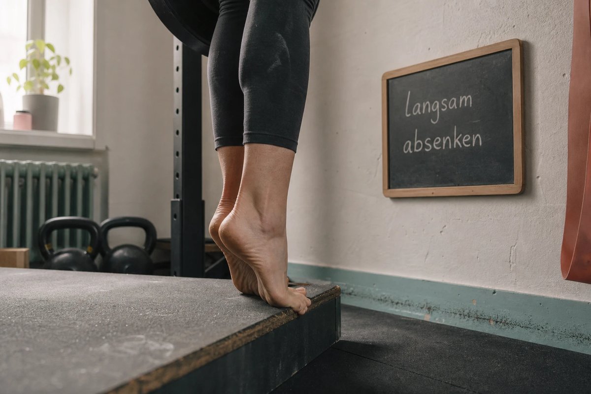 Frau beim langsamen exzentrischen Wadenheben über eine Stufenkante in einer Heimtrainings-Ecke, die Ferse senkt sich unter die Kante, daneben eine kleine Tafel mit der Aufschrift langsam absenken