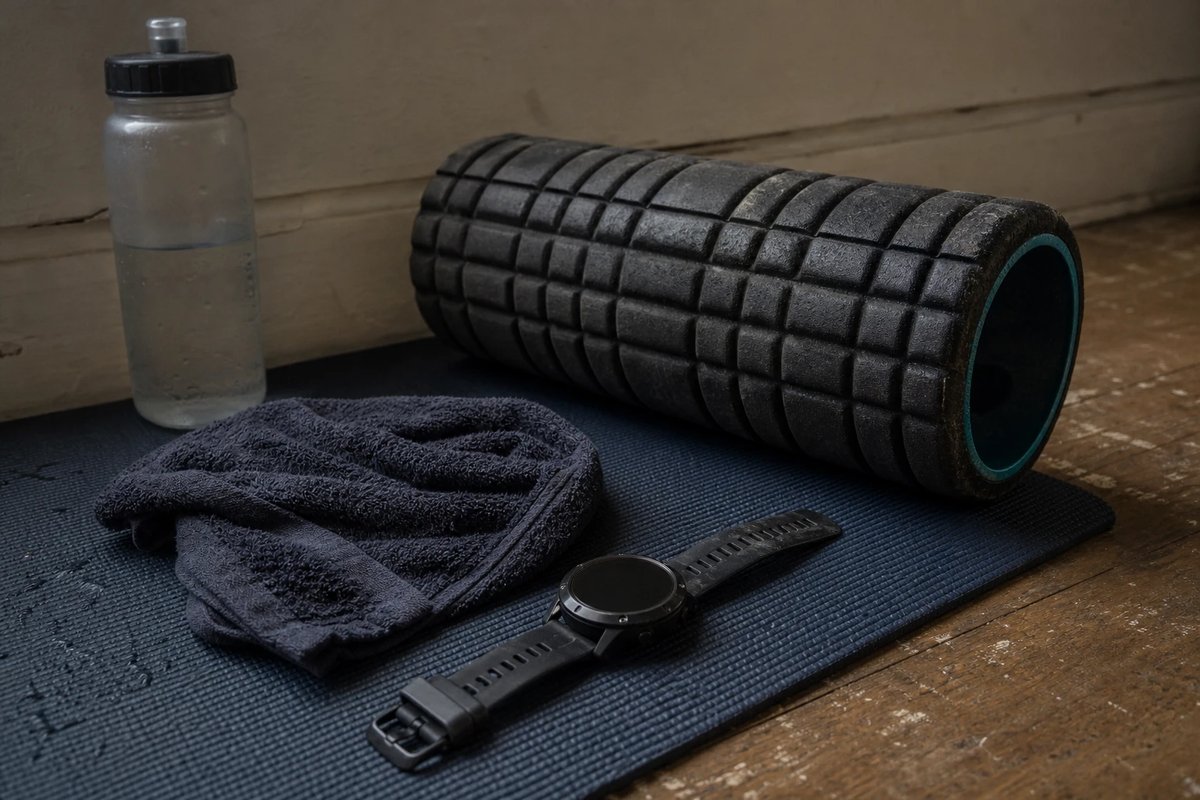 Benutzte Schaumstoffrolle auf einer Trainingsmatte neben einem feuchten Handtuch, einer halb leeren Wasserflasche und einer Sportuhr