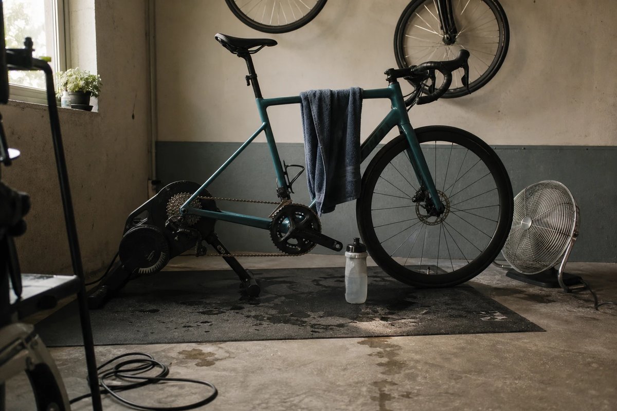 Leeres Rennrad auf dem Smarttrainer in einer Garagenecke nach einem harten Test, Ventilator, durchgeschwitztes Handtuch über dem Oberrohr, halbleere Trinkflasche auf der salzfleckigen Matte
