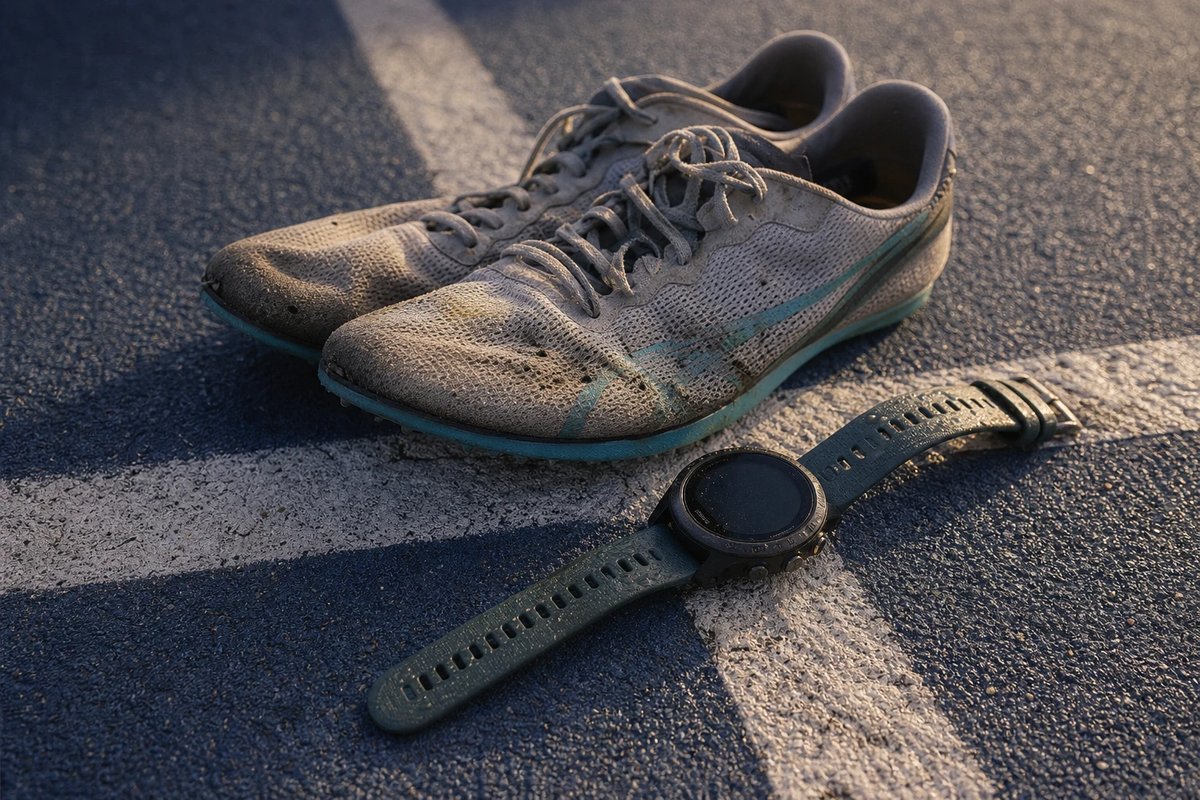 Gut eingelaufene leichte Wettkampfschuhe mit teal Akzent und eine GPS-Uhr auf der gemalten Bahnlinie einer Tartanbahn nach einer Einheit, im flachen Nachmittagslicht