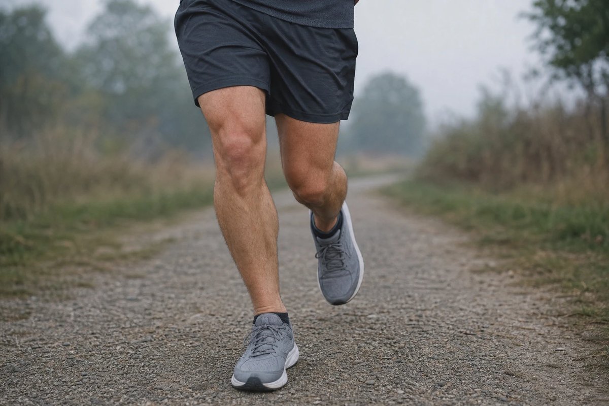 Freizeitläufer von der Hüfte abwärts auf einem Schotterweg im Morgenlicht, Fokus auf Knie und Unterschenkel im Laufschritt, schlichte dunkle Laufhose und neutrale graue Laufschuhe ohne sichtbare Logos