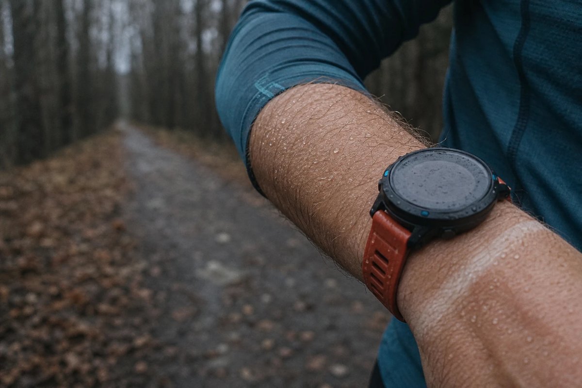 Nahaufnahme eines Unterarms mit GPS-Sportuhr während des Laufens auf einem Waldweg, der Arm leicht bewegungsunscharf, das dunkle Display ist nicht ablesbar zur Person geneigt