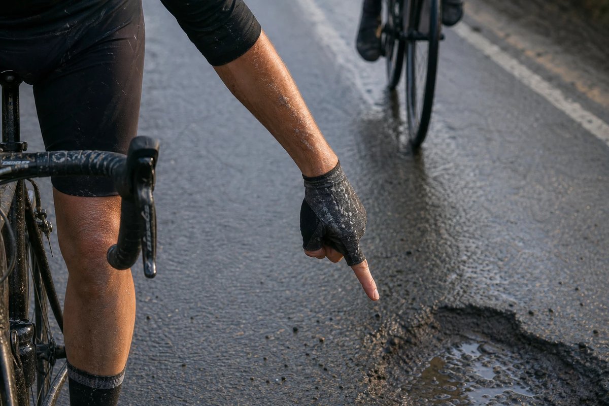 Nahaufnahme einer behandschuhten Hand eines Radfahrers, die im Fahren nach unten auf ein Schlagloch auf nassem Asphalt zeigt, als Handzeichen für die Gruppe