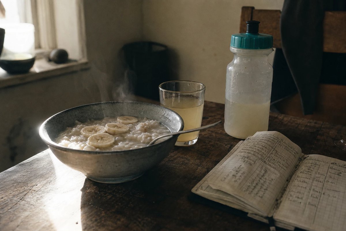 Nahaufnahme einer kohlenhydratreichen Trainingsmahlzeit auf einem Holztisch: eine Schale Reisbrei mit Bananenscheiben, ein Glas Saft, eine Trinkflasche mit trübem Kohlenhydratgetränk und ein Trainingstagebuch im Morgenlicht