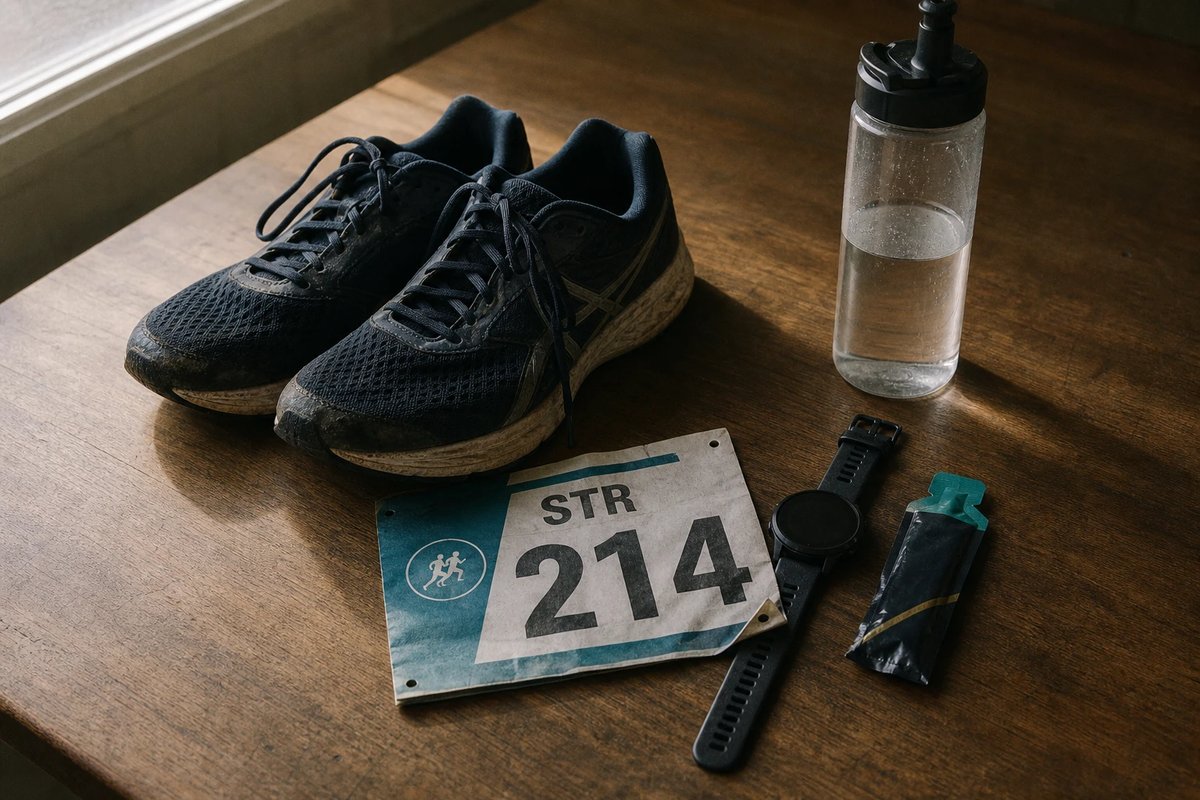 Gut eingelaufene Straßenlaufschuhe, eine zusammengefaltete Startnummer, eine GPS-Uhr und ein einzelnes Gel auf einem Holztisch am Abend vor dem Halbmarathon während der Taper-Woche