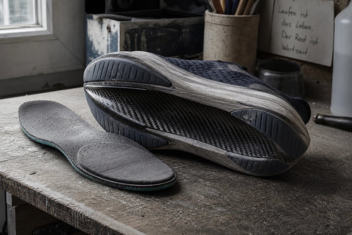 Ein steifer Laufschuh mit deutlich gerundeter Rocker-Sohle liegt auf der Seite neben einer herausnehmbaren Einlage mit fester verlängerter Stütze unter dem Großzehenbereich auf einer Werkbank