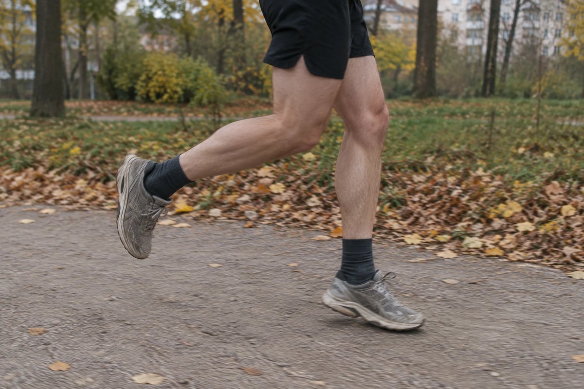 Beine eines Läufers in schwarzen Shorts, dunklen Socken und abgetragenen grauen Laufschuhen bei einem lockeren Schritt auf einem Kiesweg im herbstlichen Park, am Wegrand liegt Laub