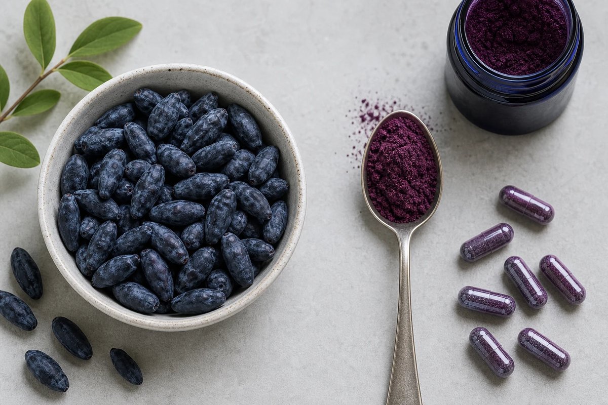 Markenneutrale dunkelblaue, längliche Beeren in einer hellen Schale neben einem Löffel mit tiefviolettem Beerenpulver und einigen Kapseln mit violettem Pulver, Aufsicht ohne Verpackung oder Etikett