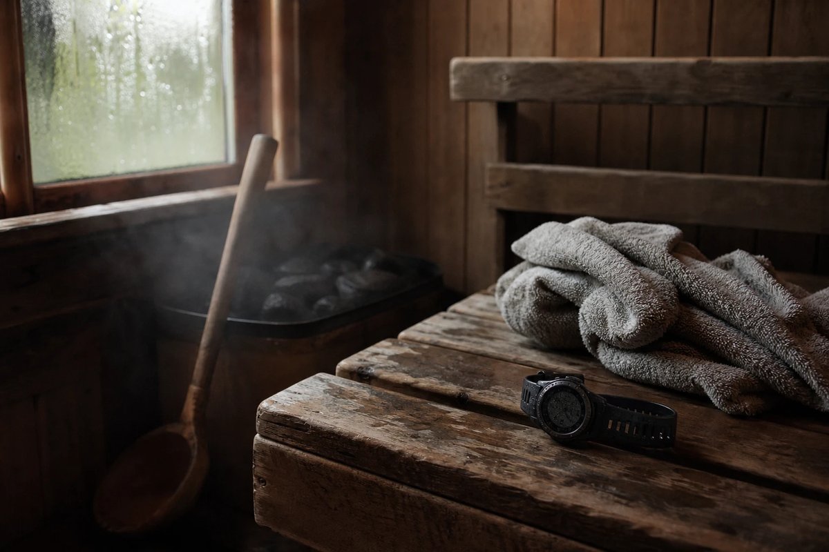Holzbank in der Sauna mit feuchtem Handtuch und Sportuhr, Dampf und warmes Licht, passive Hitzeanpassung nach dem Training