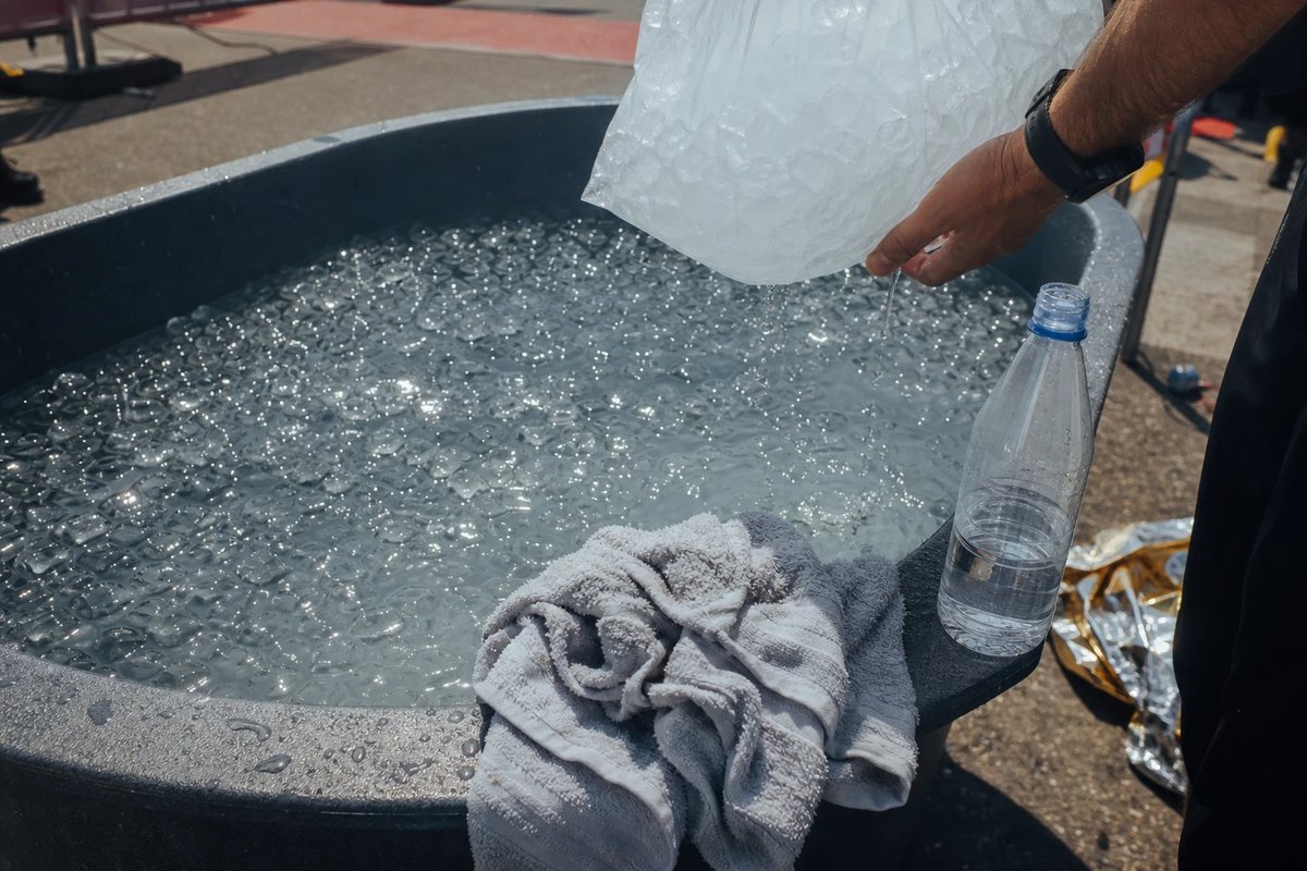 Mit Eiswasser und schwimmenden Eiswürfeln gefüllte Wanne am Rand eines Ziel-Bereichs in der Hitze, eine Hand kippt einen Beutel Eis nach, daneben ein nasses Handtuch und eine Wasserflasche