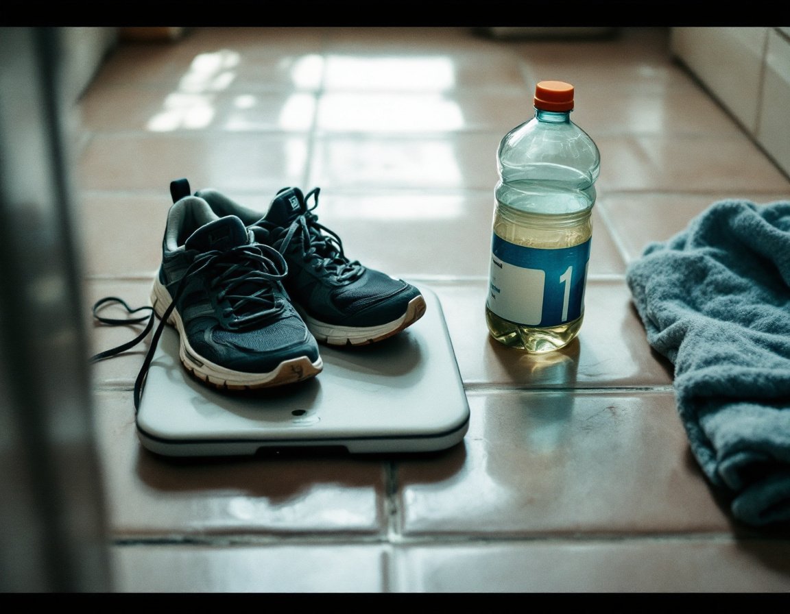 Laufschuhe auf einer Personenwaage neben einer halbvollen Wasserflasche und einem Handtuch auf einem Fliesenboden im Morgenlicht